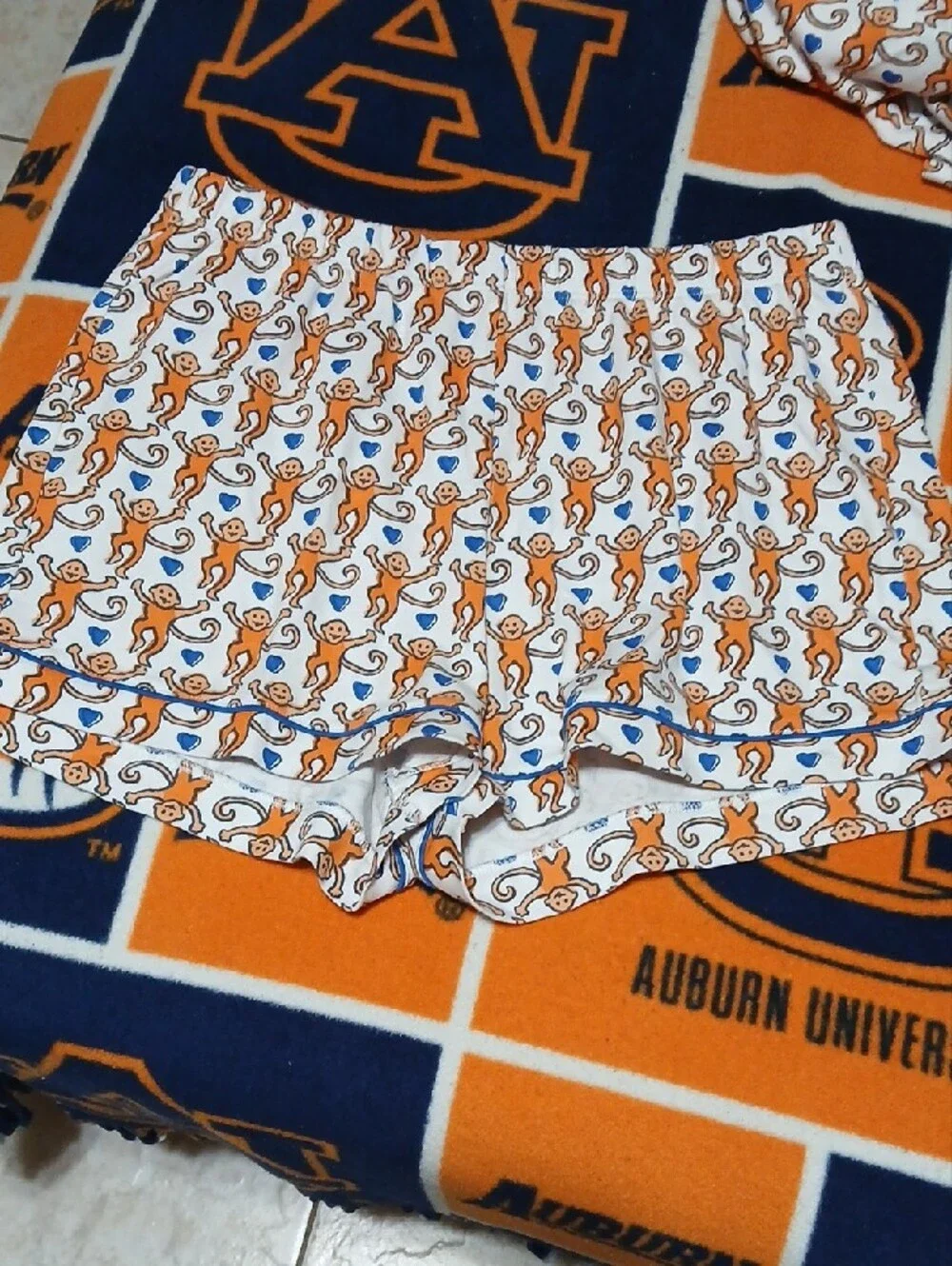 Roller Rabbit White Short Pajama Set with Orange Monkey Print and Blue Piping